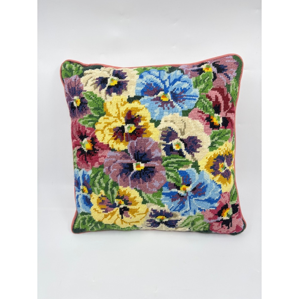 Vintage Style Floral Pansy Needlepoint Throw Pillow Pink Backing Square 13in